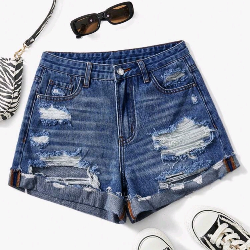 Distressed Blue Denim Shorts
